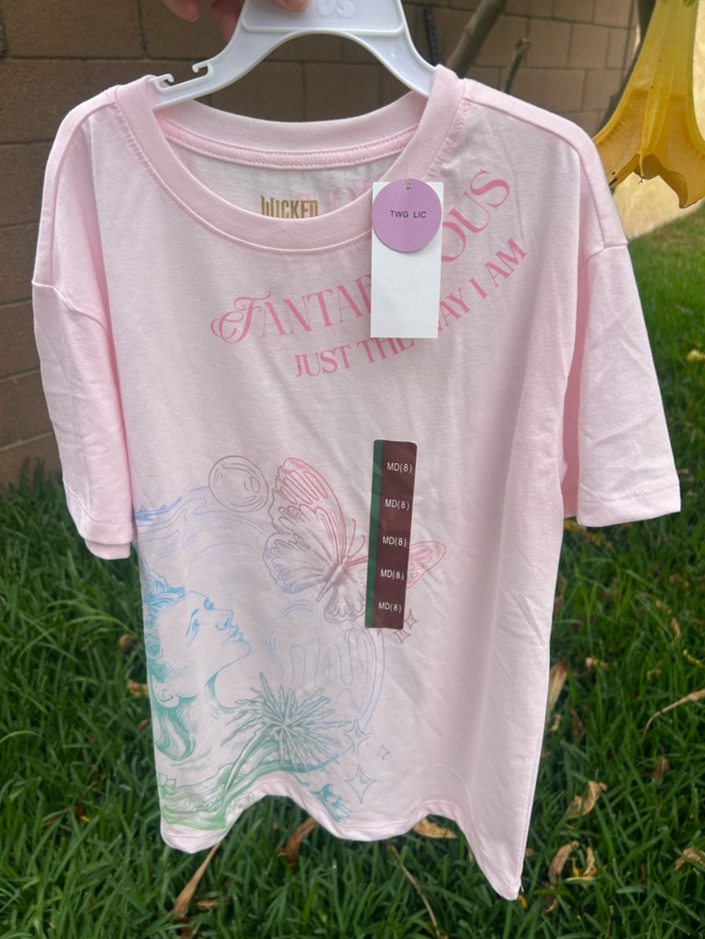 Katie K Pink Short Sleeve Tee with Pastel Butterfly Illustration